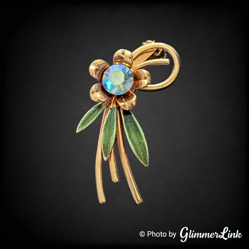 Vintage Dainty Floral AB Rhinestone Spray Gold Tone Brooch